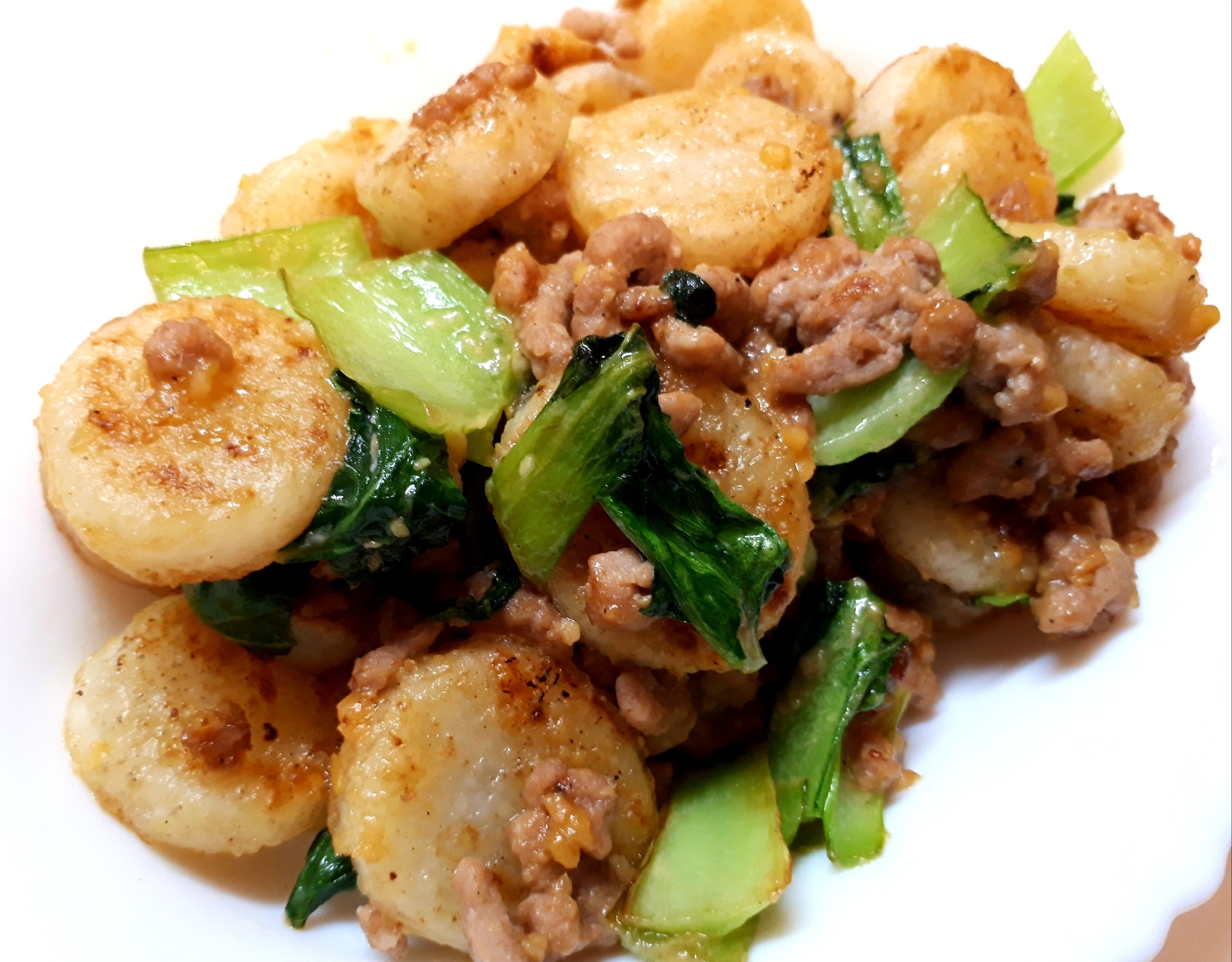 長芋とチンゲン菜のひき肉柚子胡椒味噌炒め