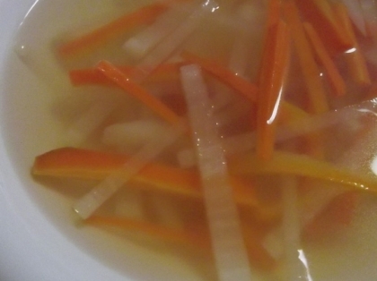 千切りで失礼します。野菜の甘さが引き立って、とても温まりました☆冬場には嬉しいスープですね☆ごちそうさまでした。