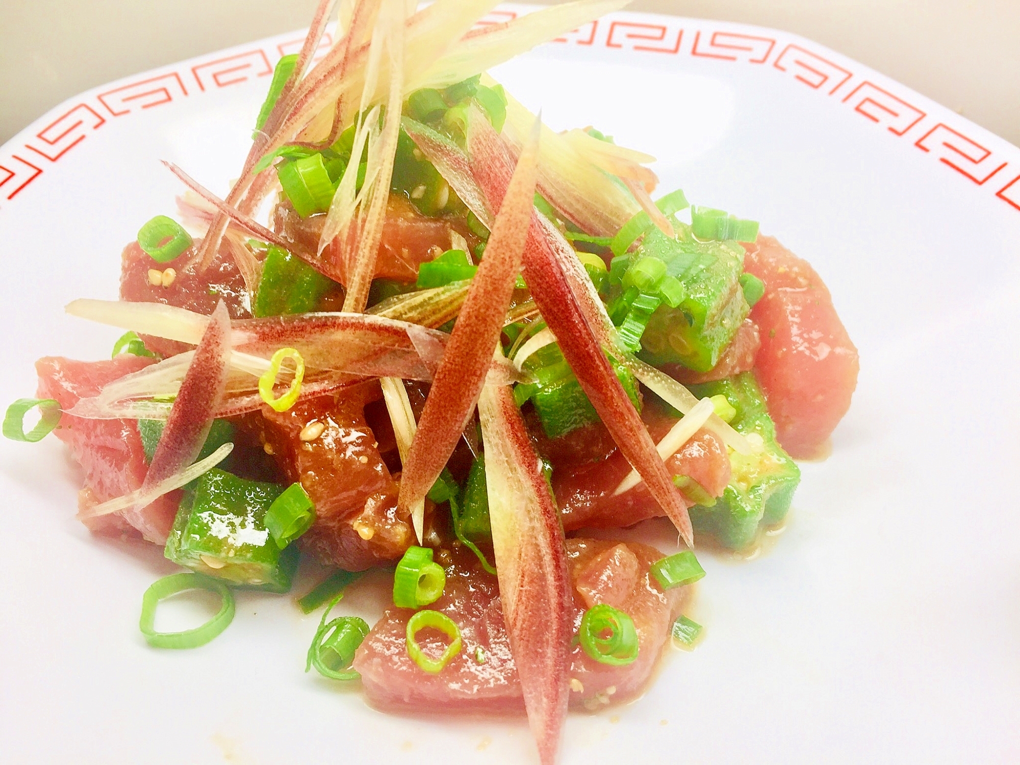 ⭐今日の冷菜-「まぐろとオクラの薬味和え冷菜」