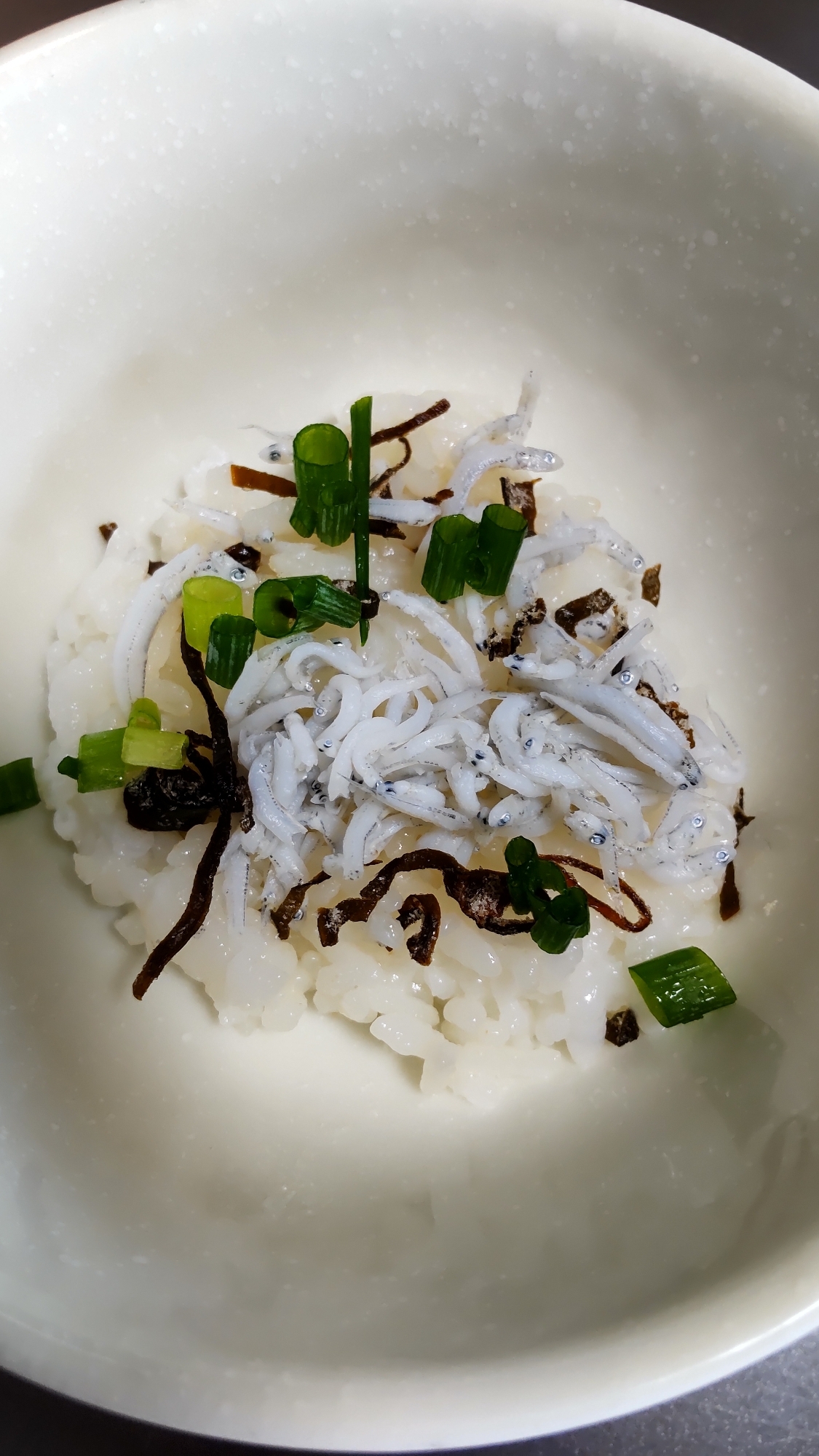 しらすと塩昆布とネギのご飯