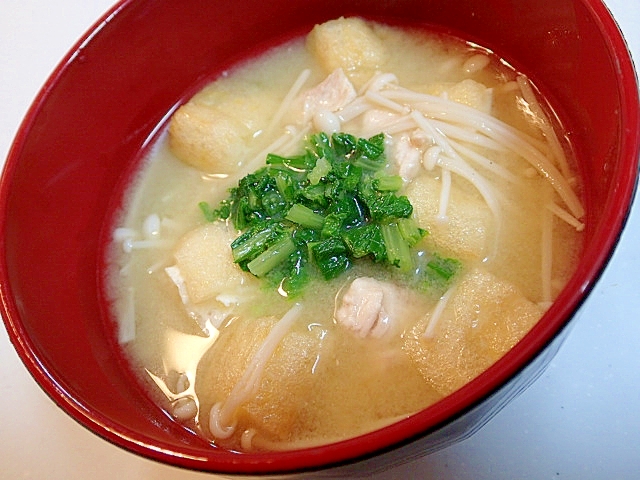 鶏肉とえのきとあげと大根葉のお味噌汁♬