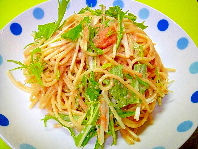 水菜と明太子の麺つゆマヨパスタ