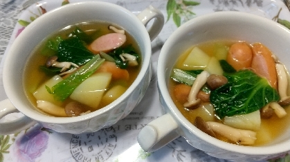 じゃがいもと小松菜ウインナーのコンソメスープ
