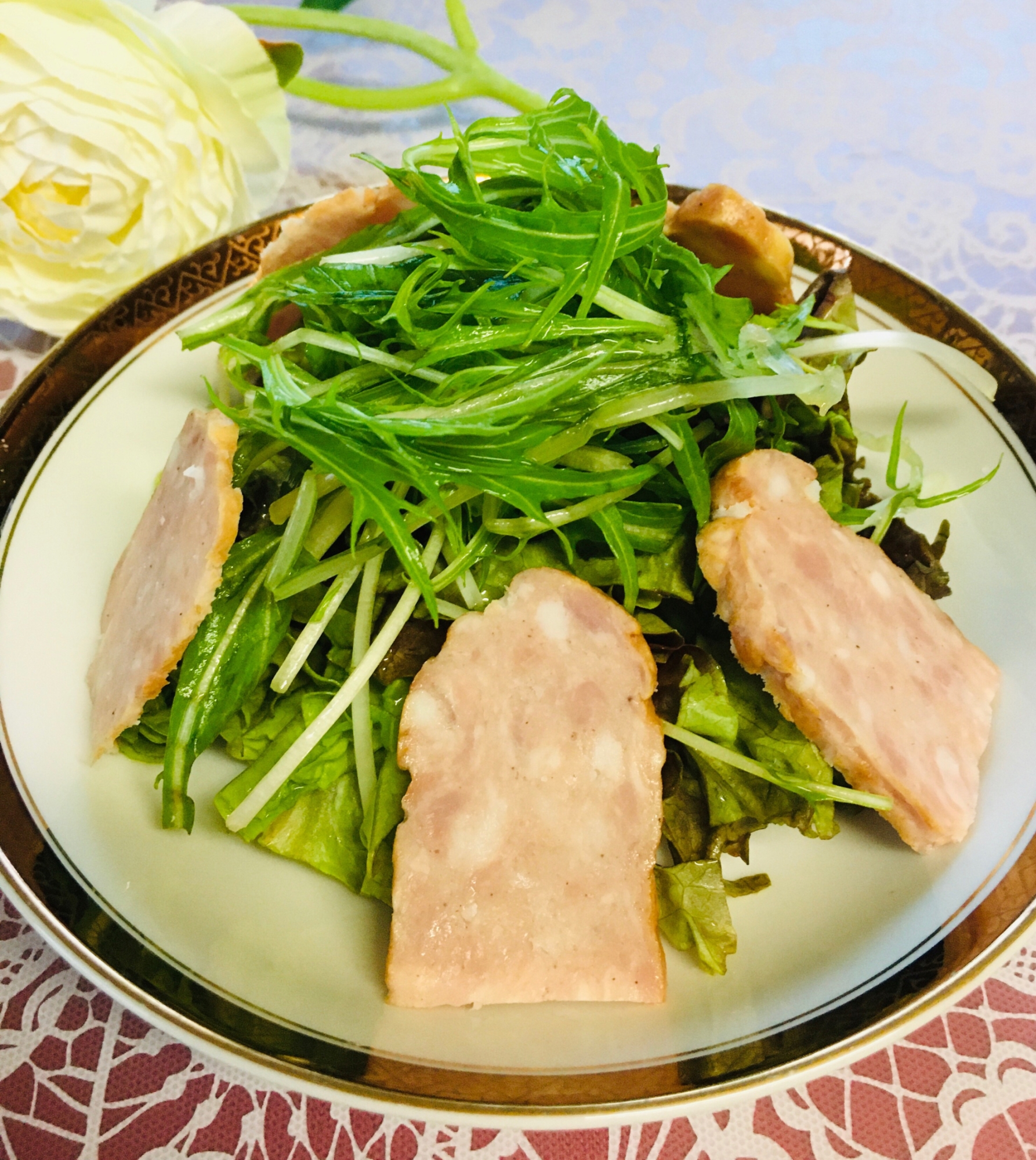 食物繊維☆水菜とレタスのハムサラダ☆