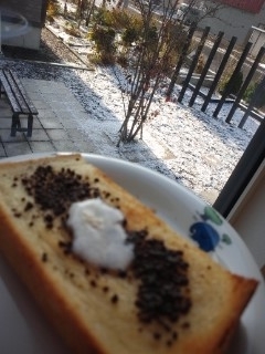 今日は、これ食べたの～ってうちの庭みて～真っ白よん(＞_＜)毎日、雪～しかもベタ雪だから↓ほろ苦トーストうまし(⌒～⌒)ごち～