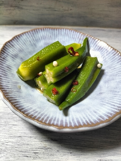 きょうは昨日作っておいたこちらを♬オクラの粘り楽しみつつ鷹の爪のぴりりとしたお漬物風サラダ家族に大好評でした✨素敵レシピ感謝昨日に続きゴーヤもまた作りました♡続