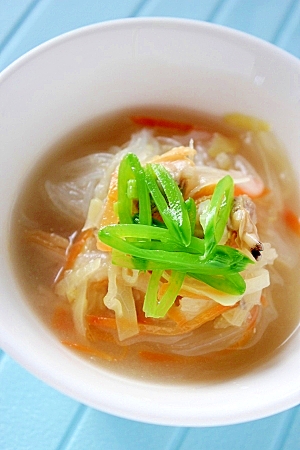 優しい☆あさりと野菜の塩こうじ春雨スープ