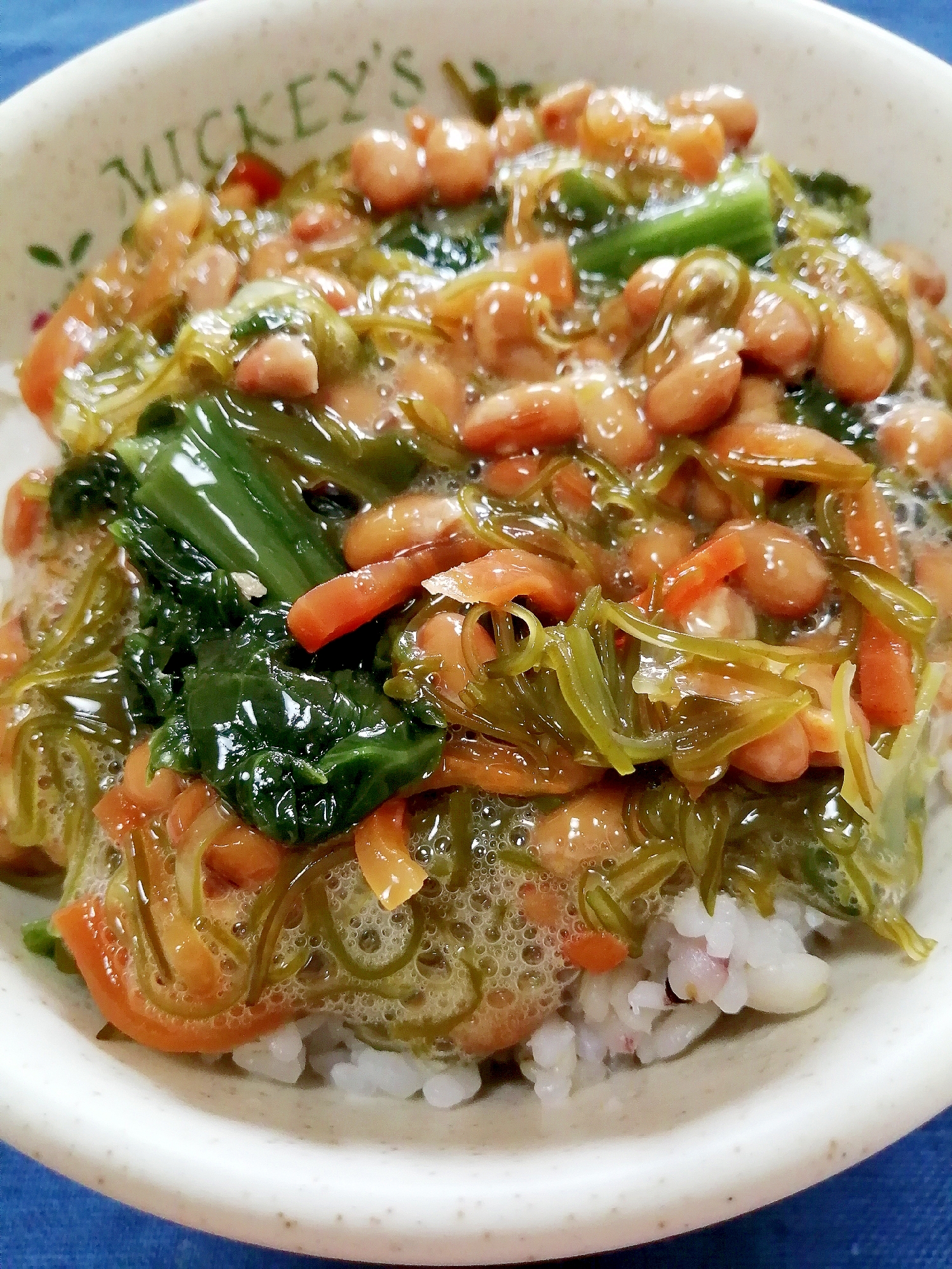 納豆の食べ方-めかぶ＆わさび菜しその実漬け