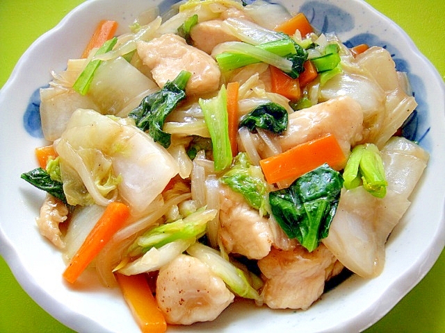 白菜と鶏むね肉と小松菜のうま煮