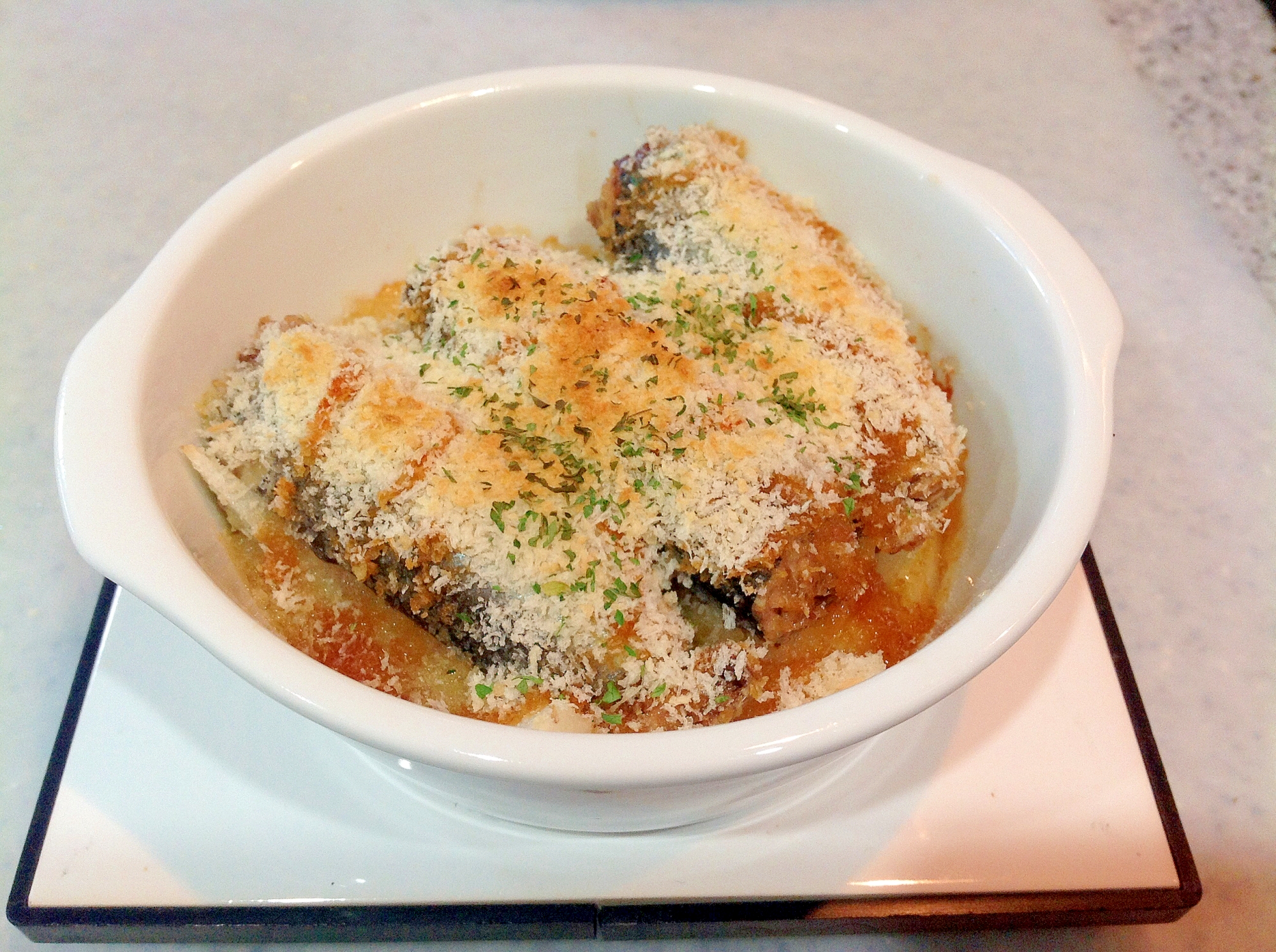 オリーブオイルサーディンのチーズパン粉焼き♪