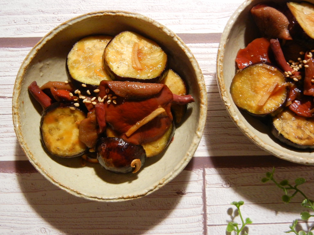 あみたけと茄子の甘酢炒め