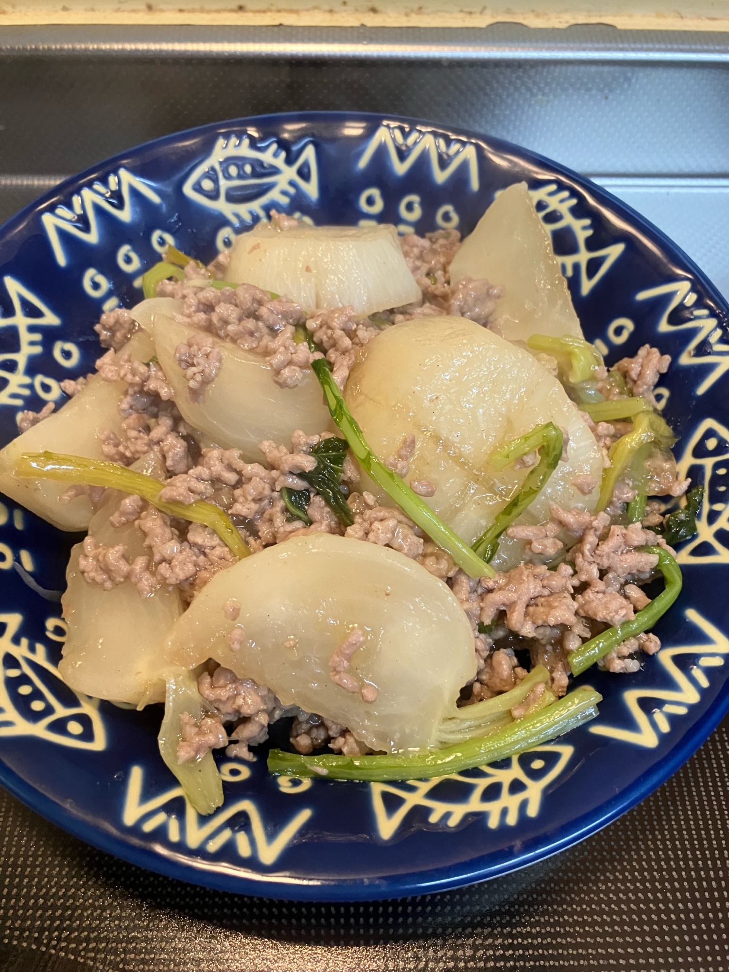 豚ひき肉と大根とかぶの甘辛炒め煮^_^