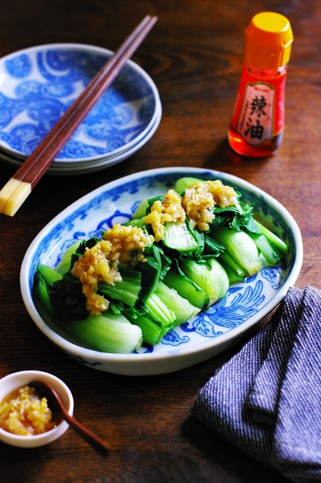 レンチン青梗菜のさっぱりピリ辛香味だれ