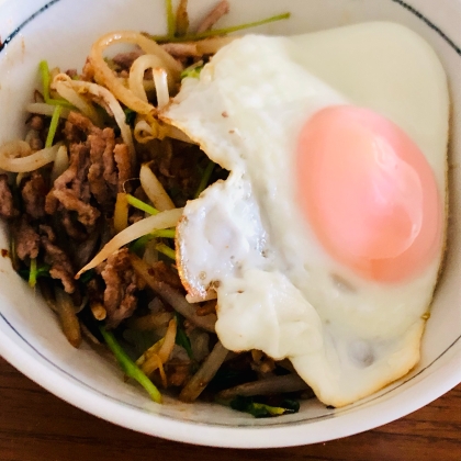 【5分で出来る！】もやしと豆苗のピリ辛肉味噌丼