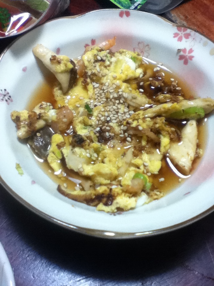 黒酢餡かけde小エビとエリンギの卵焼き。