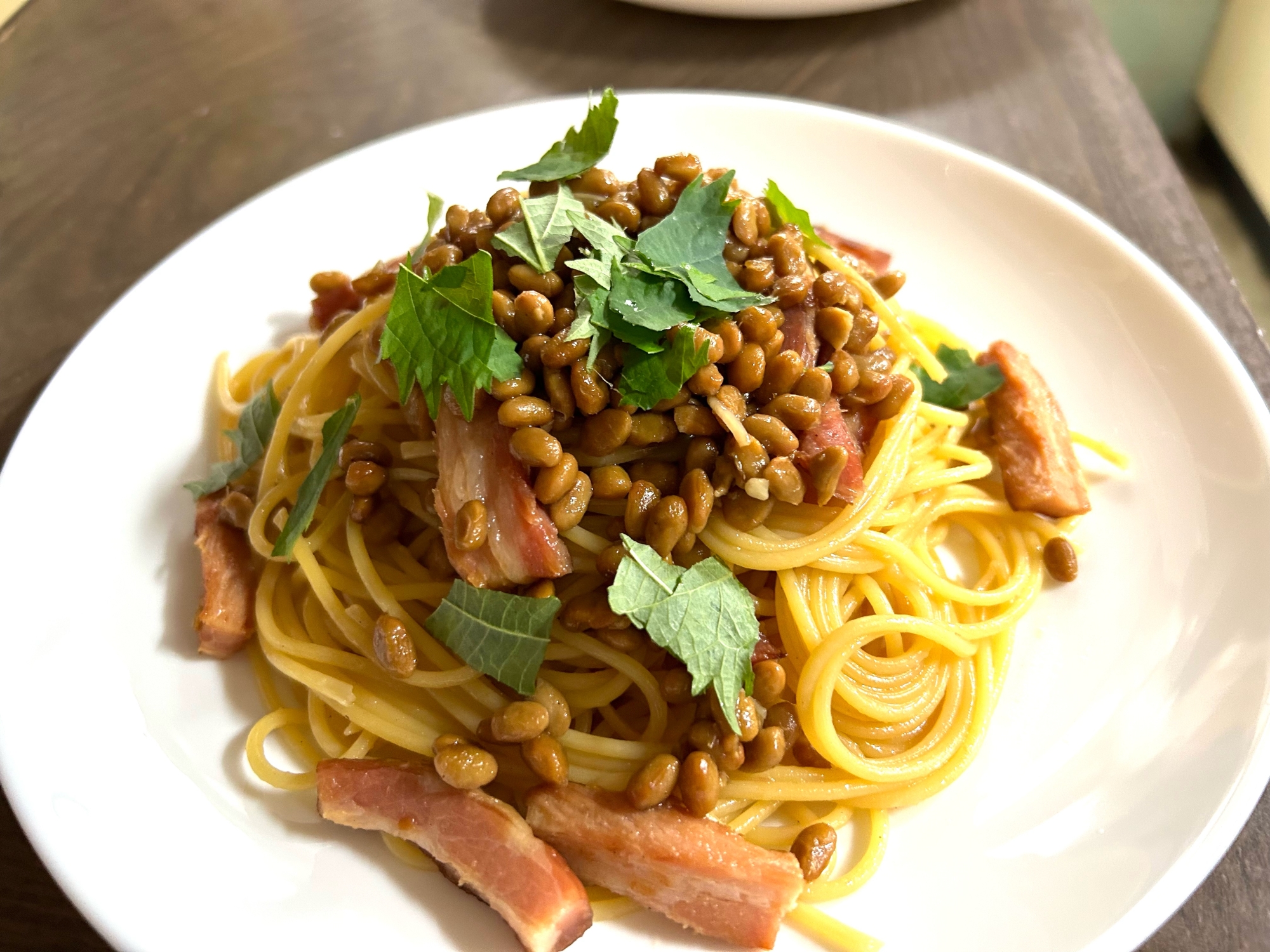 納豆とベーコンのパスタ