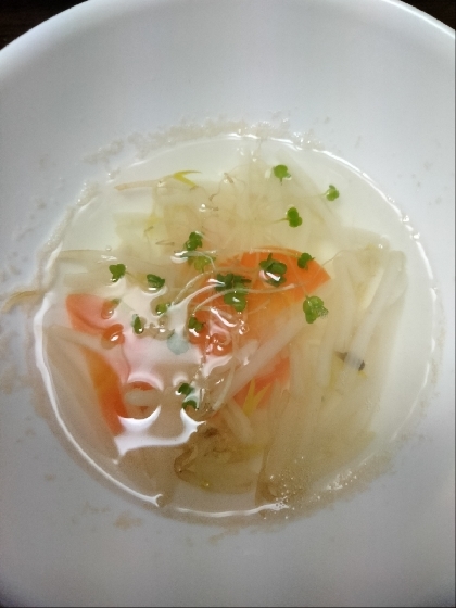 もやしと人参とかいわれ大根のスープ