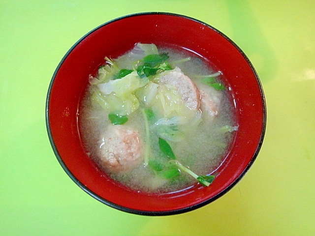 白菜と肉団子豆苗の味噌汁