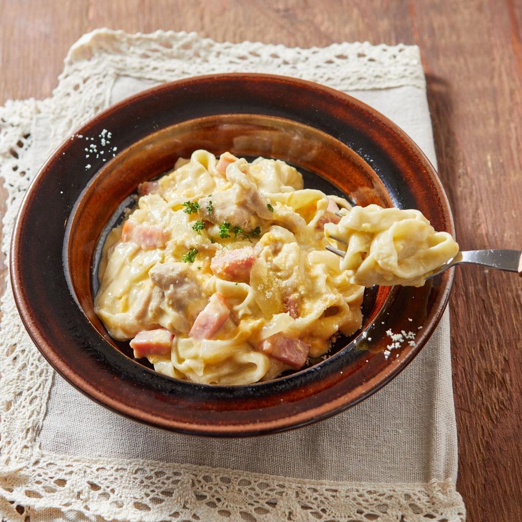 親子丼の具で作る！カルボナーラ風パスタ