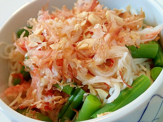 いんげん豆とシーサラダとピーナツのお素麺♬