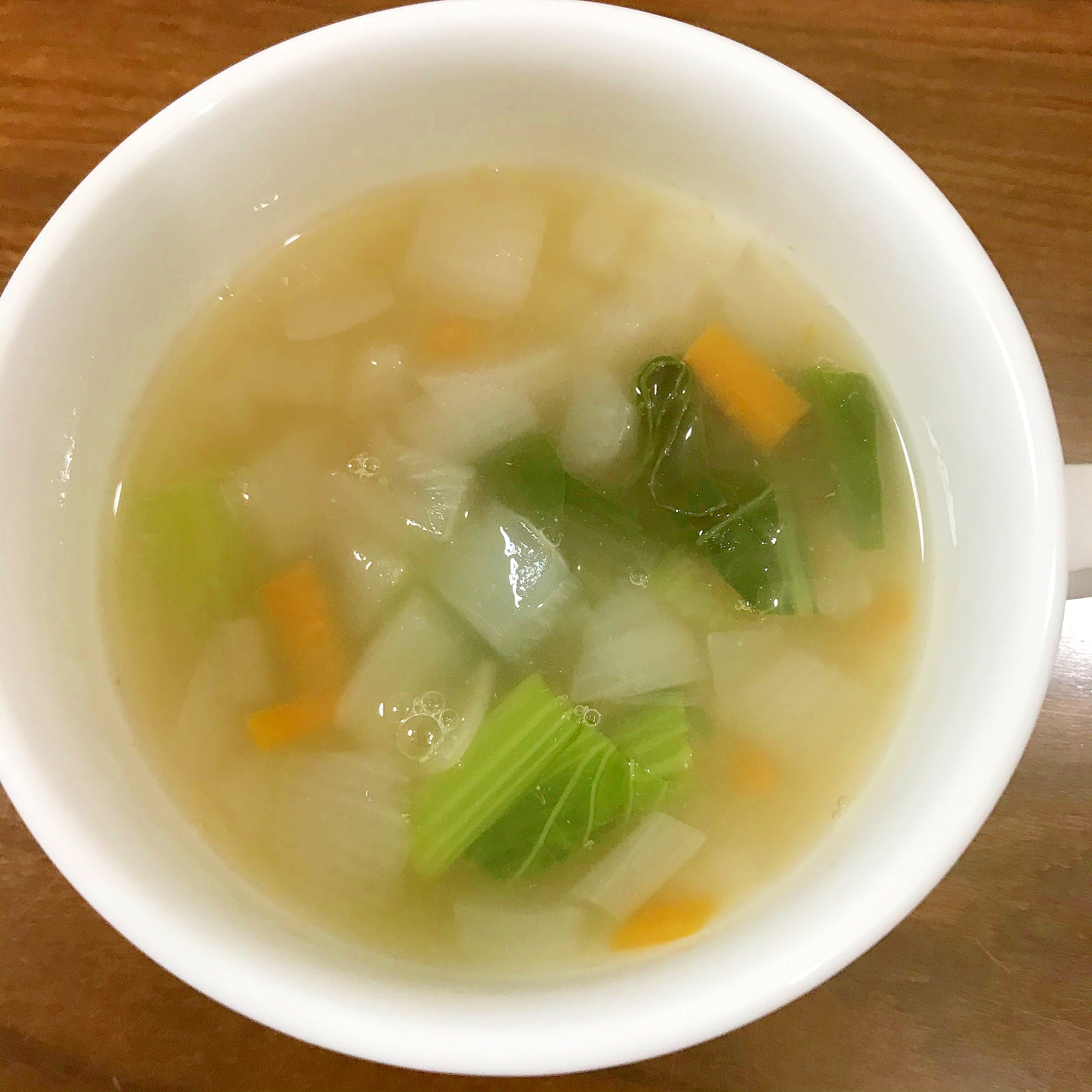 玉ねぎ、人参、ナス、小松菜のコンソメスープ