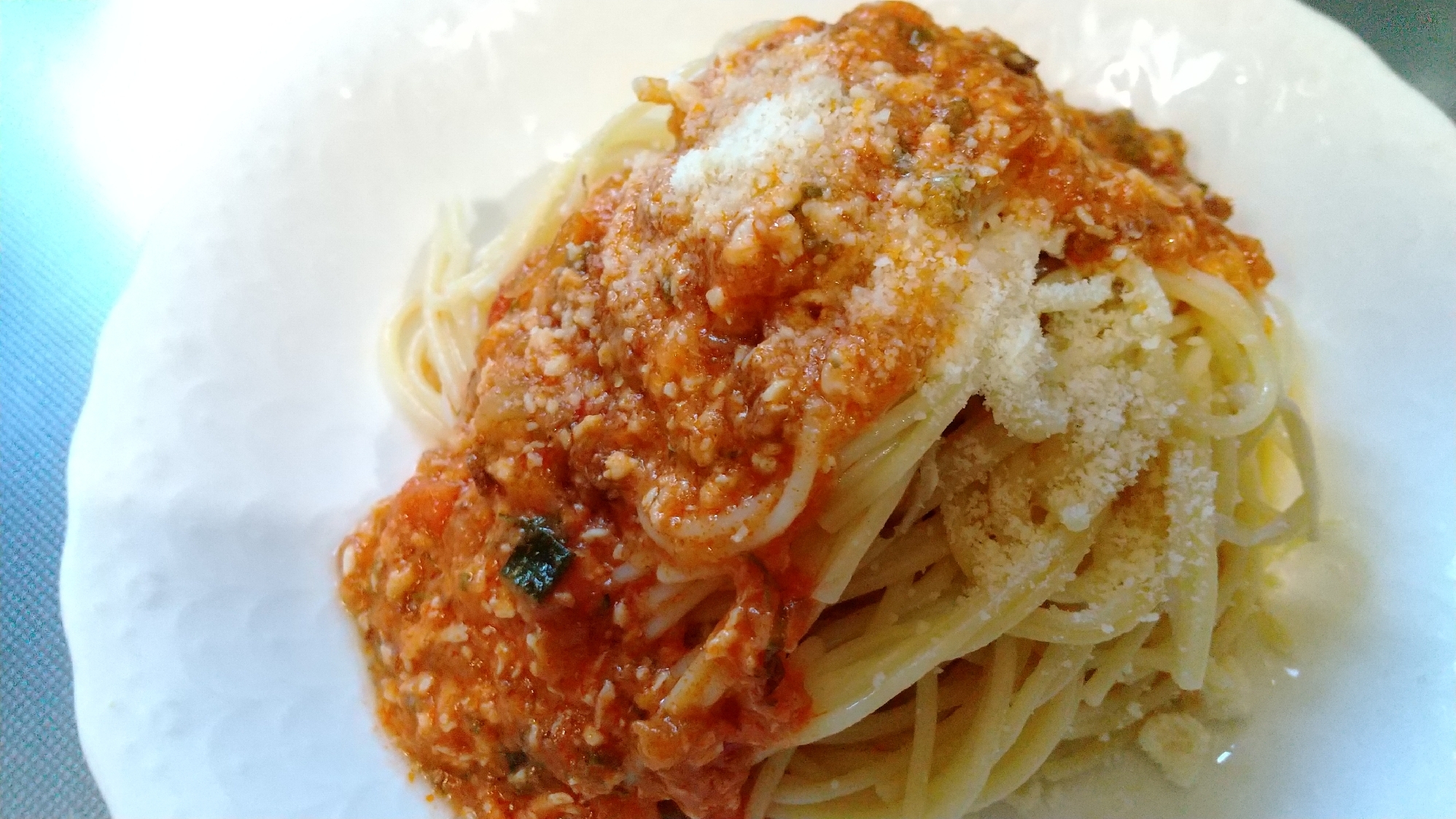 レンジで簡単ミートスパゲッティ！榎でかさ増し麺。