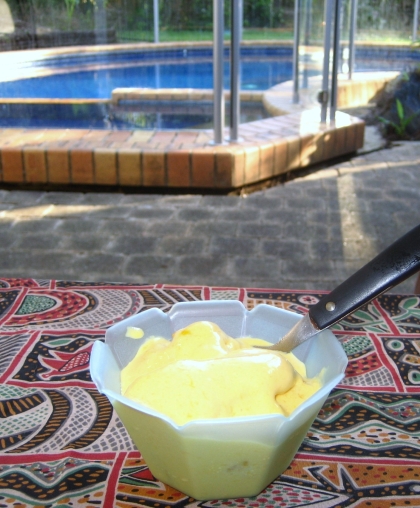 生マンゴーと、マンゴー味のヨーグルトでつくってみました。酸味が美味しかったです～。