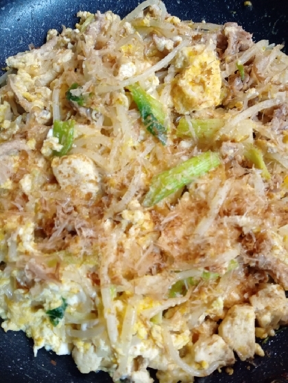 野菜はもやしと小ネギを入れて作りました。仕上げの鰹節がいいですね。とても美味しく子供達からも大好評！余り具材でリピします。ありがとうございます☆