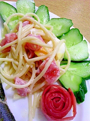 残りパスタで☆卵とトマトのスパゲティサラダ