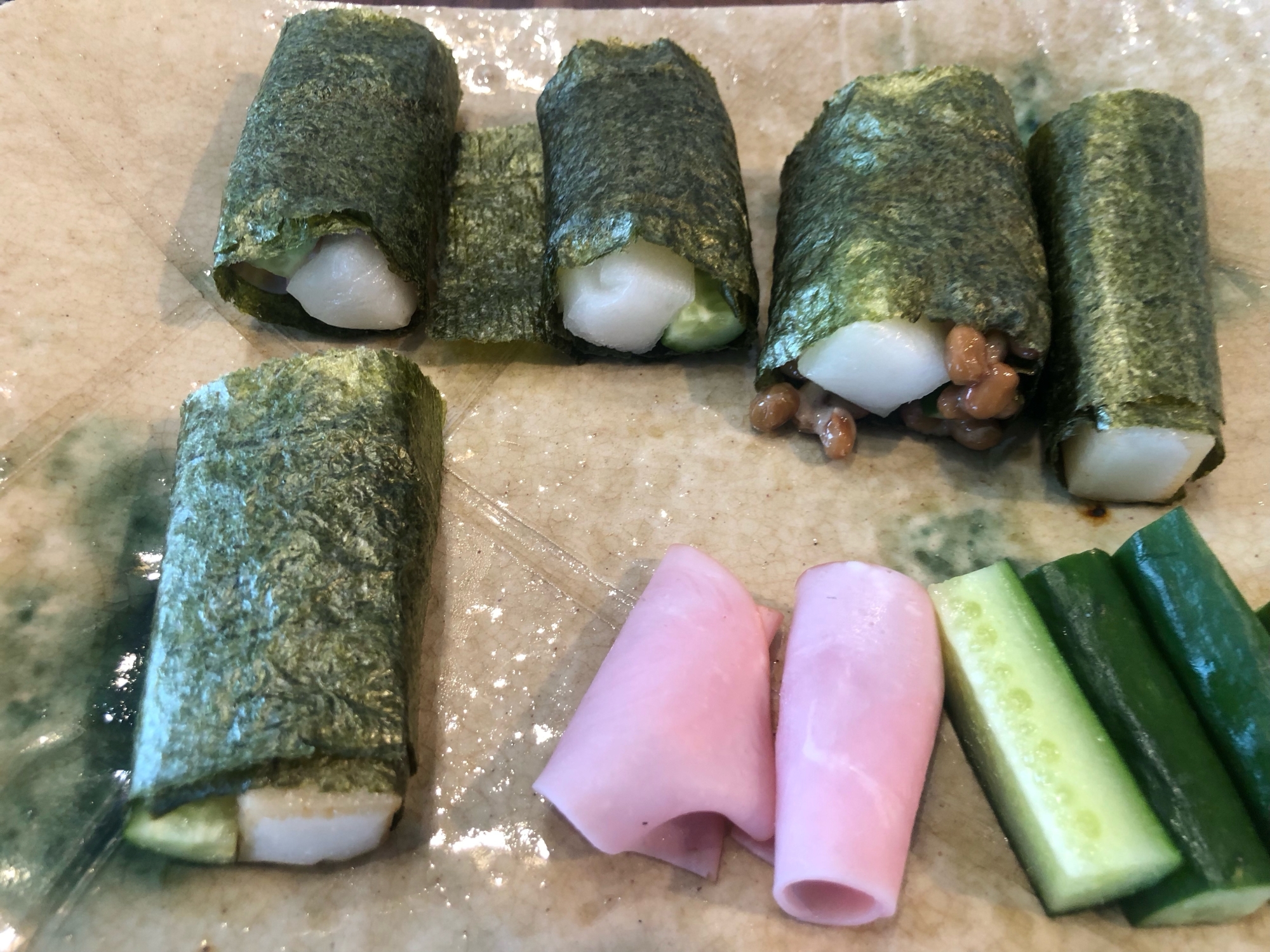 巻き巻き餅(磯辺、ハム、チーズ、納豆)。1024