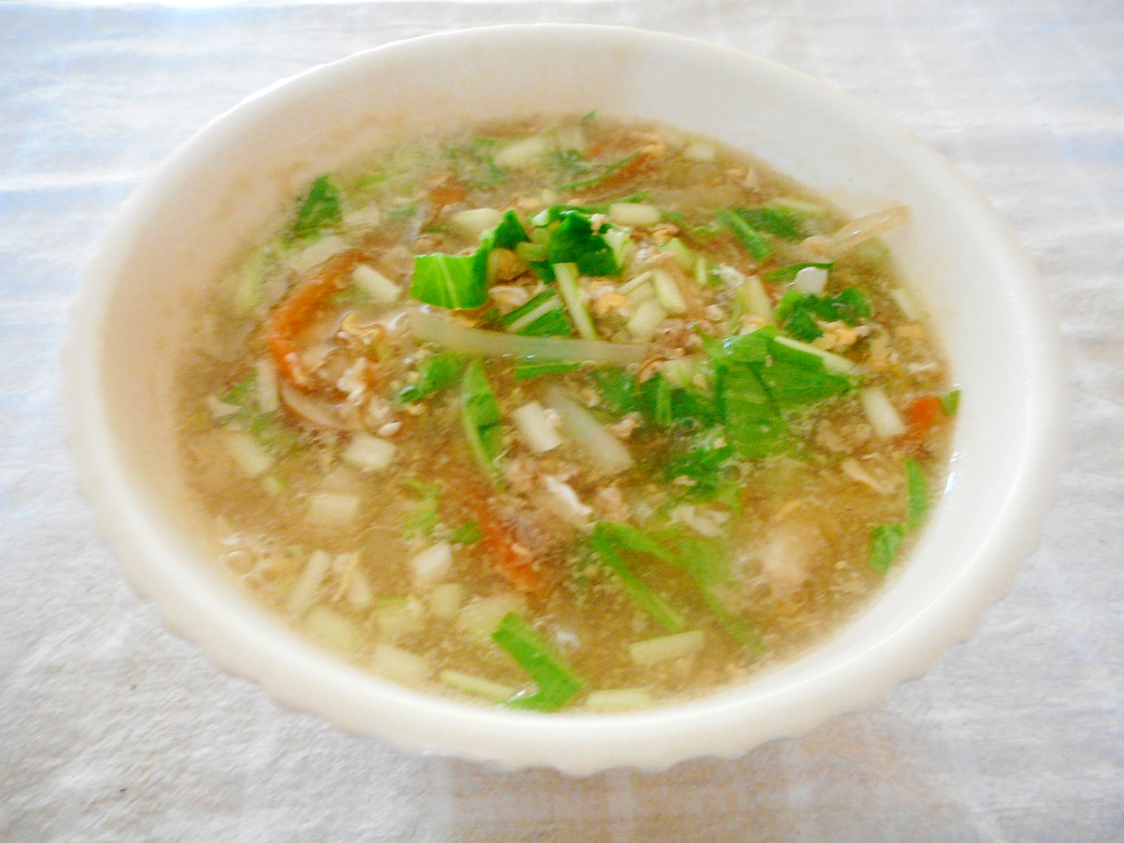 モヤシと水菜とひき肉の卵スープ