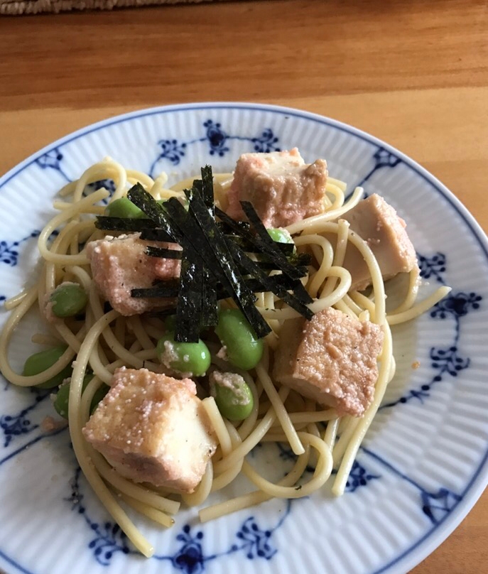 厚揚げと枝豆のたらこマヨパスタ