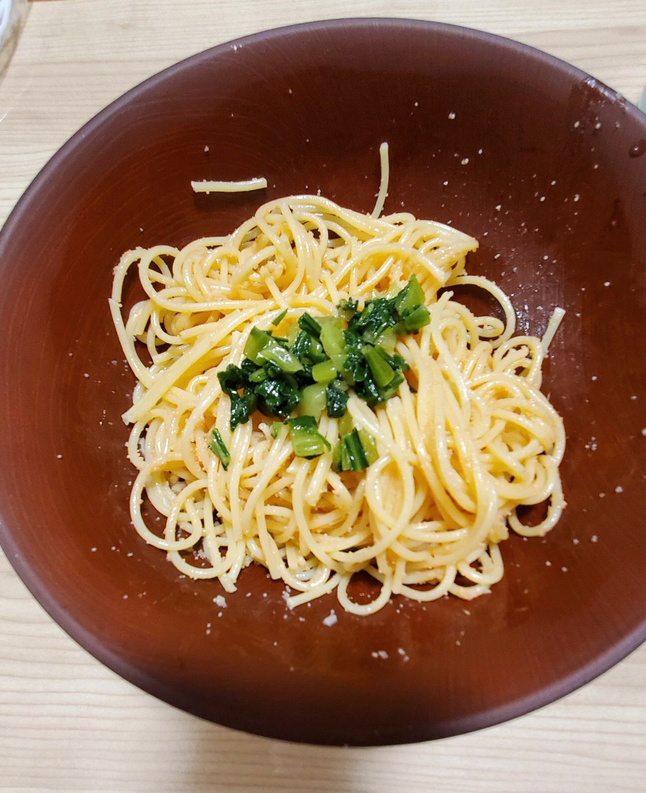 明太子スパゲティのチンゲンサイのせ