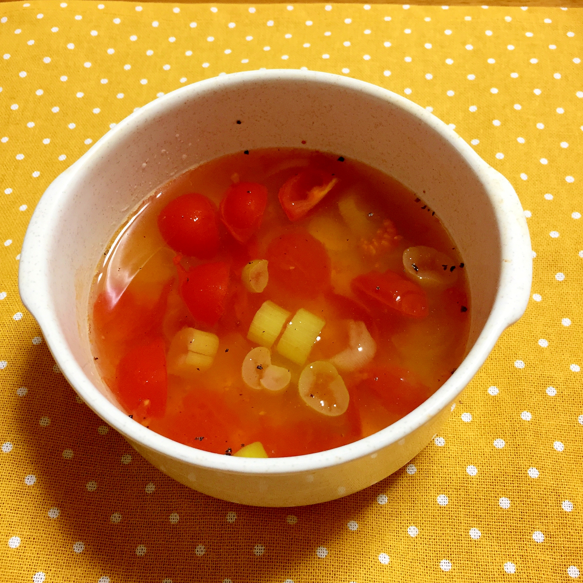レンチンで簡単！トマトと長ネギのスープ♪