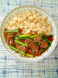 ☆牛肉にんにくの芽オイスターあんかけ飯☆