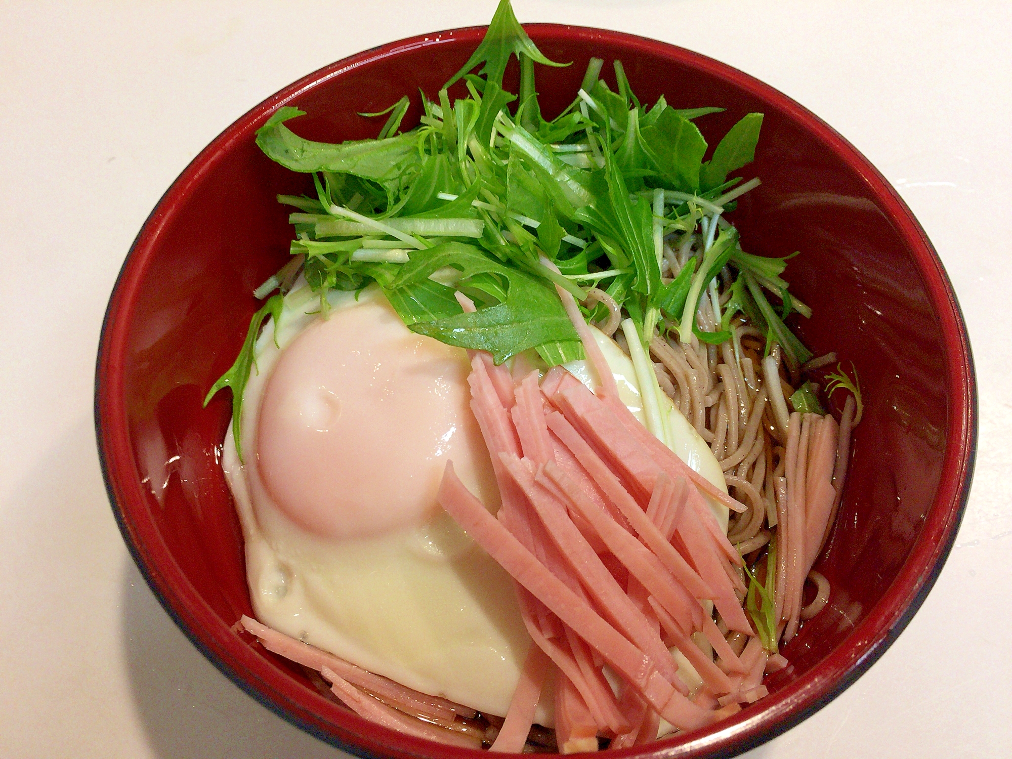 今日のお昼は簡単ランチで☆水菜とハムでサラダお蕎麦