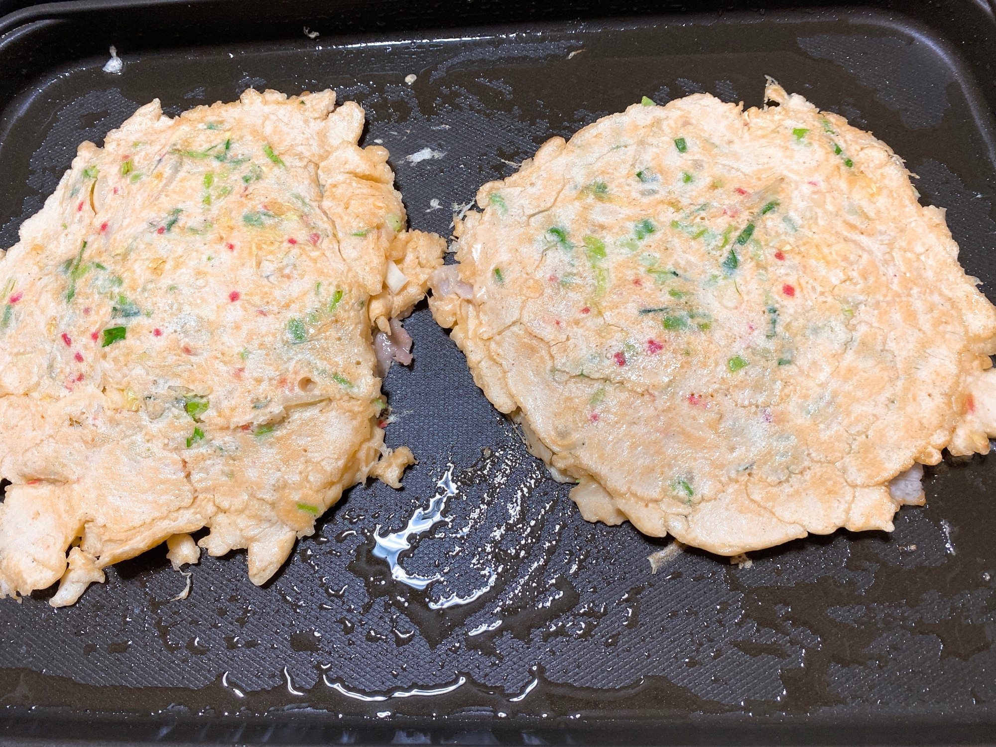 ホットプレートで作る⭐️紅生姜入り豚玉のお好み焼き