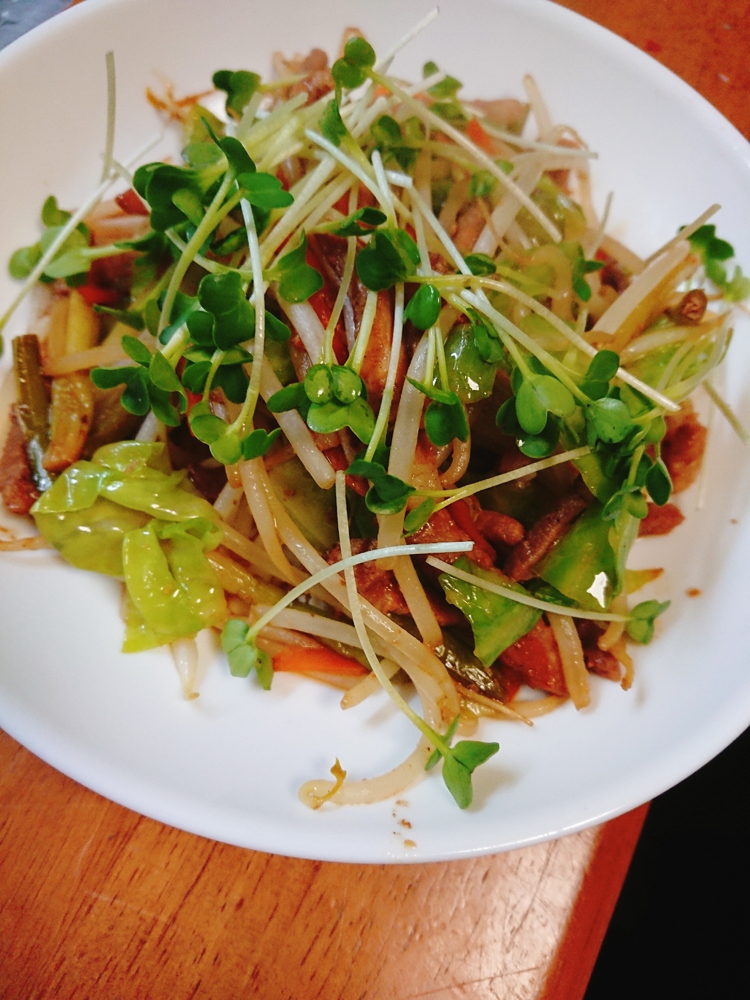 トンスーシャーと野菜炒め貝割れのせ