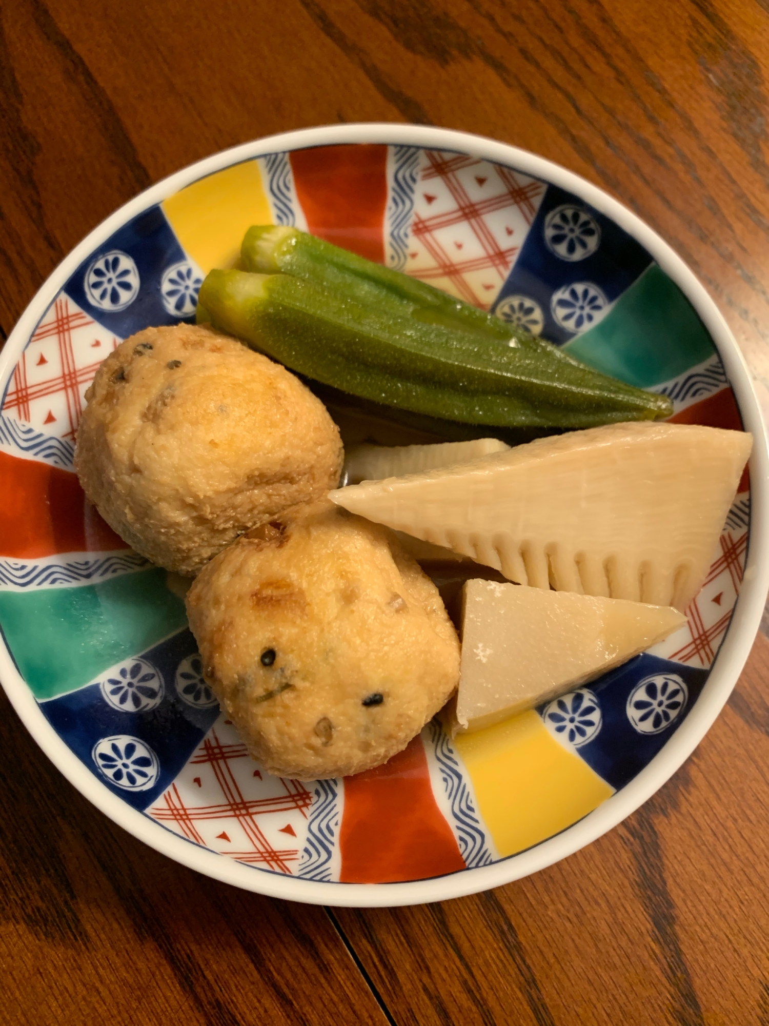 がんもどきとオクラとタケノコの煮物　日本酒のお供に