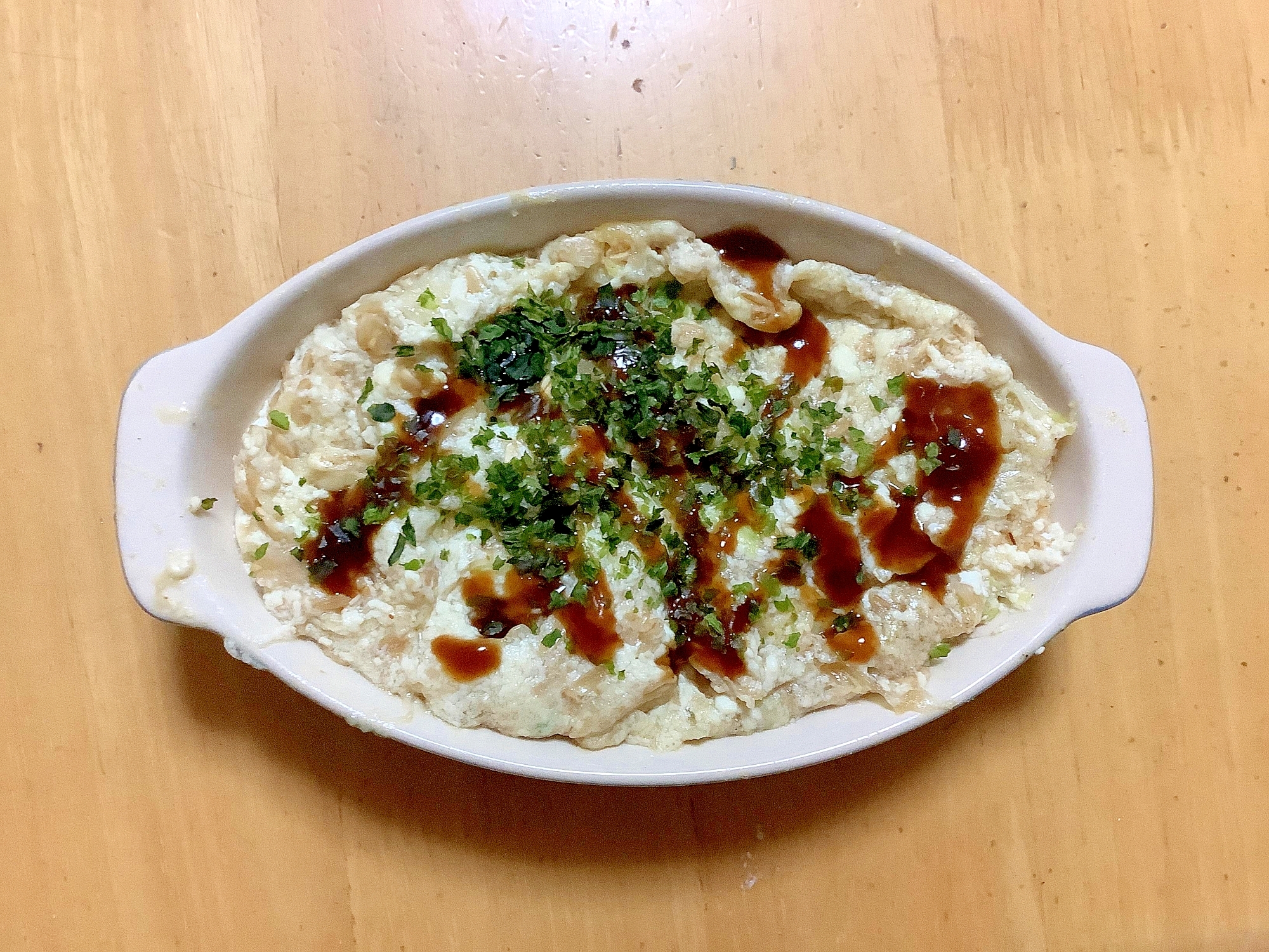 卵不使用☆レンジでオートミールと豆腐のお好み焼き♪