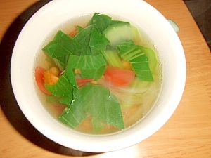 チンゲン菜とミニトマトのコンソメスープ
