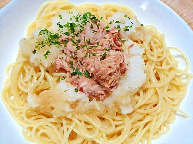 ツナとおろしポン酢パスタの青のり添え