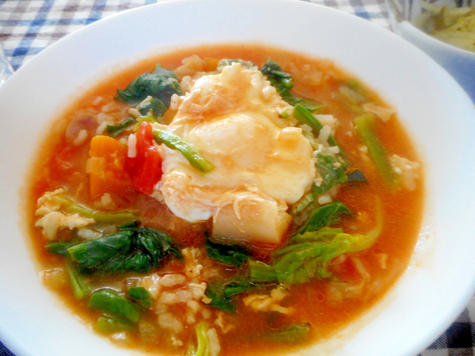 ほうれん草と卵のトマトスープご飯 レシピ 作り方 By Mococo05 楽天レシピ