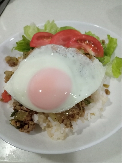 野菜がたっぷり入った美味しいガパオライスができました。バジルの香りがとても良かったです。