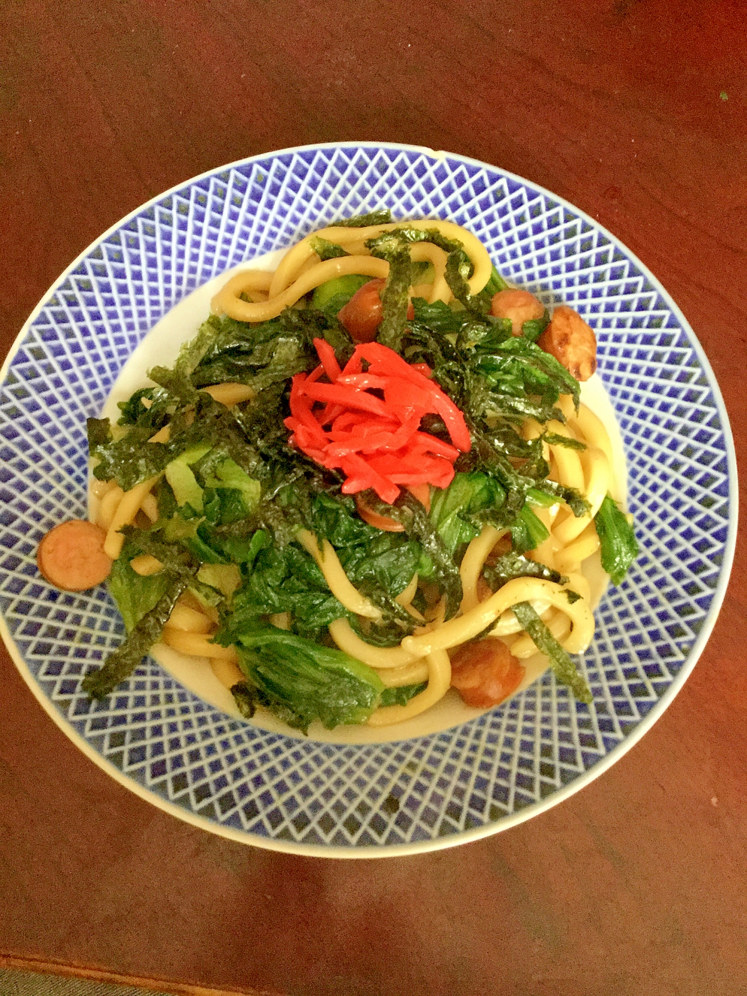 グリーンカールとウインナーの焼きうどん＠醤油味。