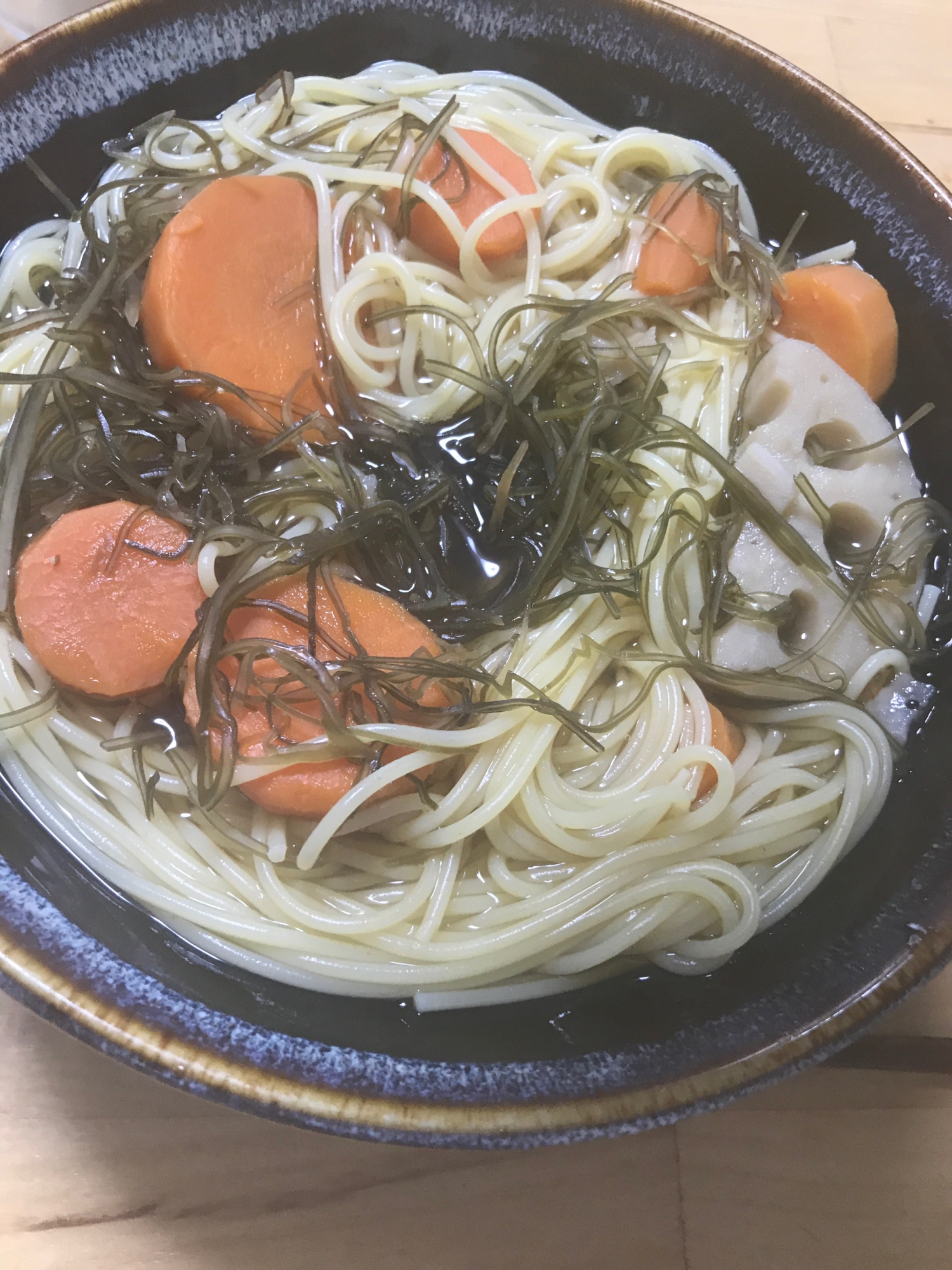 ほっとする味、純和風、根菜パスタ