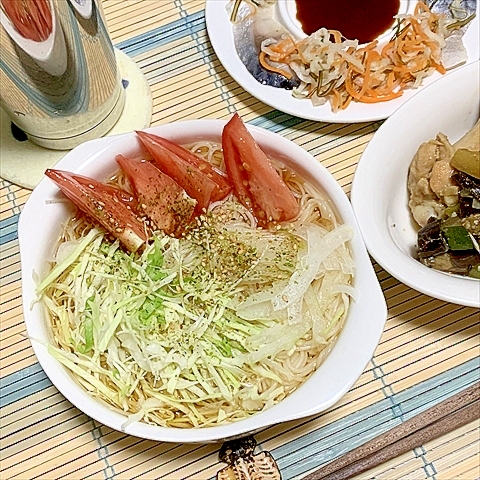 刻んでおけば乗せるだけ　野菜も食べようおそうめん