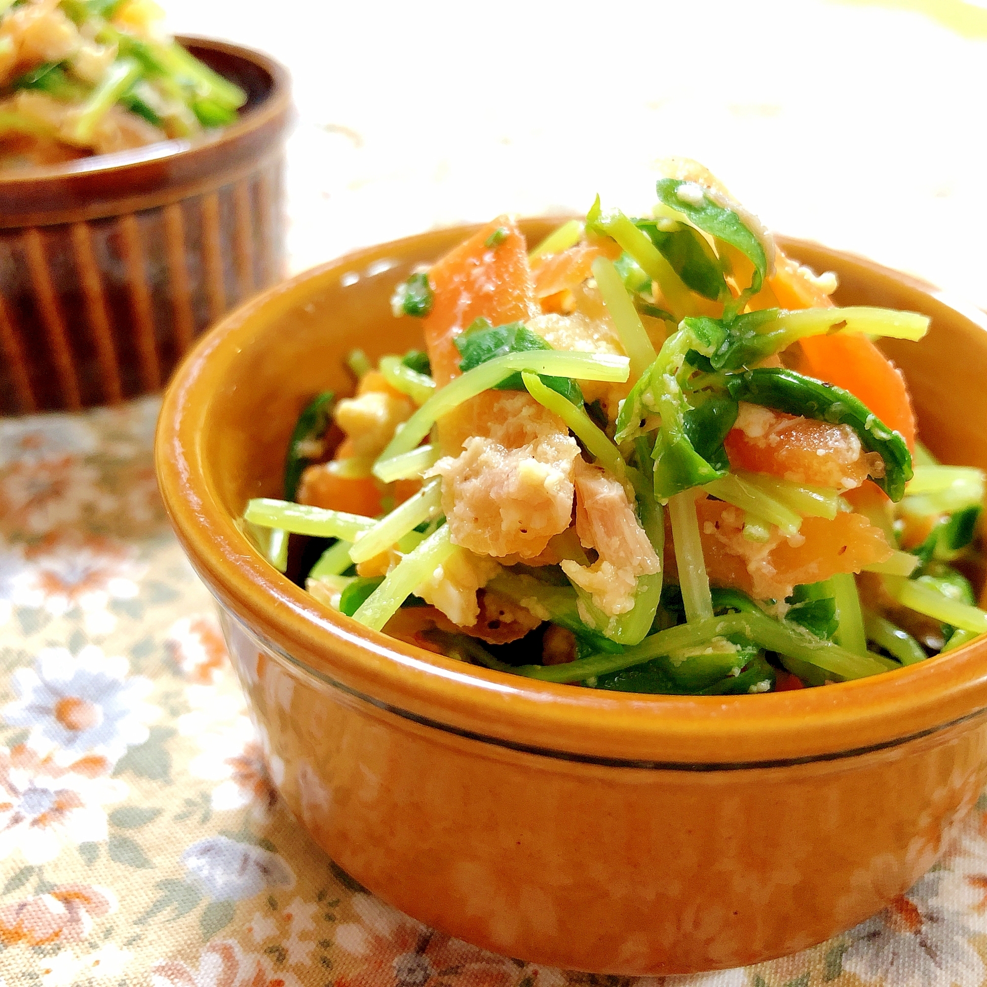 レンジで副菜!常備菜にも♡豆苗と人参のツナたま和え