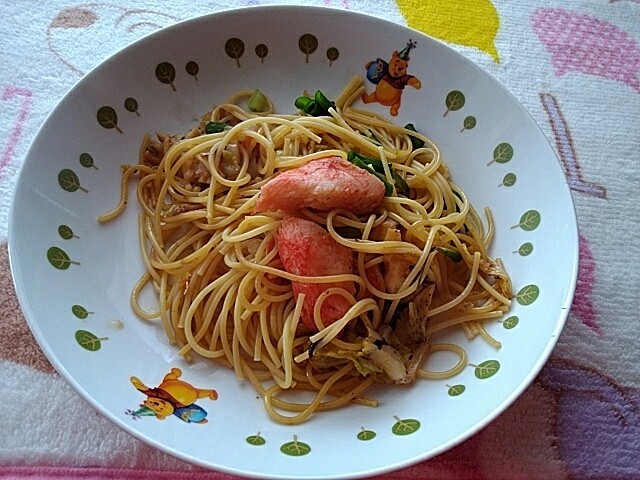 だしまろ酢薄口醤油でカニカマパスタ