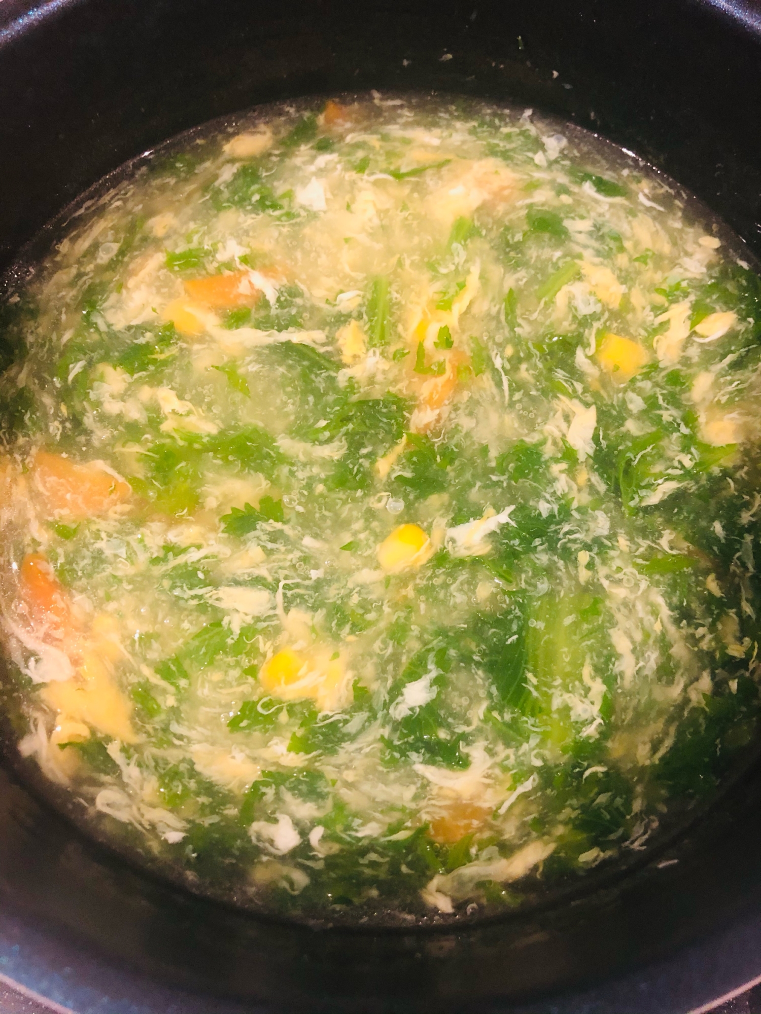 とろとろ野菜スープ♪(コーン・わさび菜・人参・卵)
